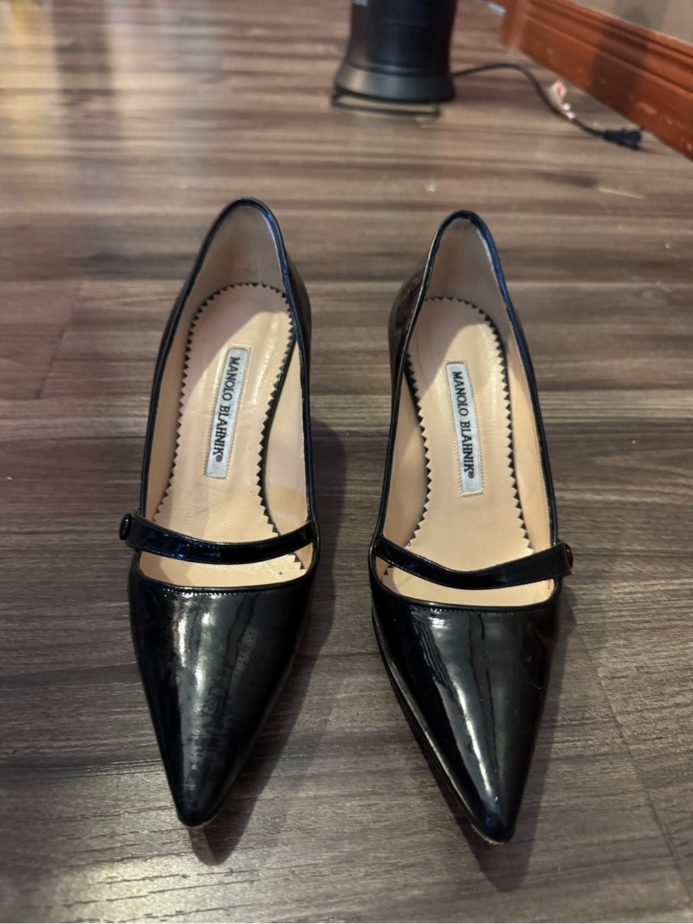 Manolo Blahnik Black Patent Leather Pointed Mary Jane Pumps with Strap